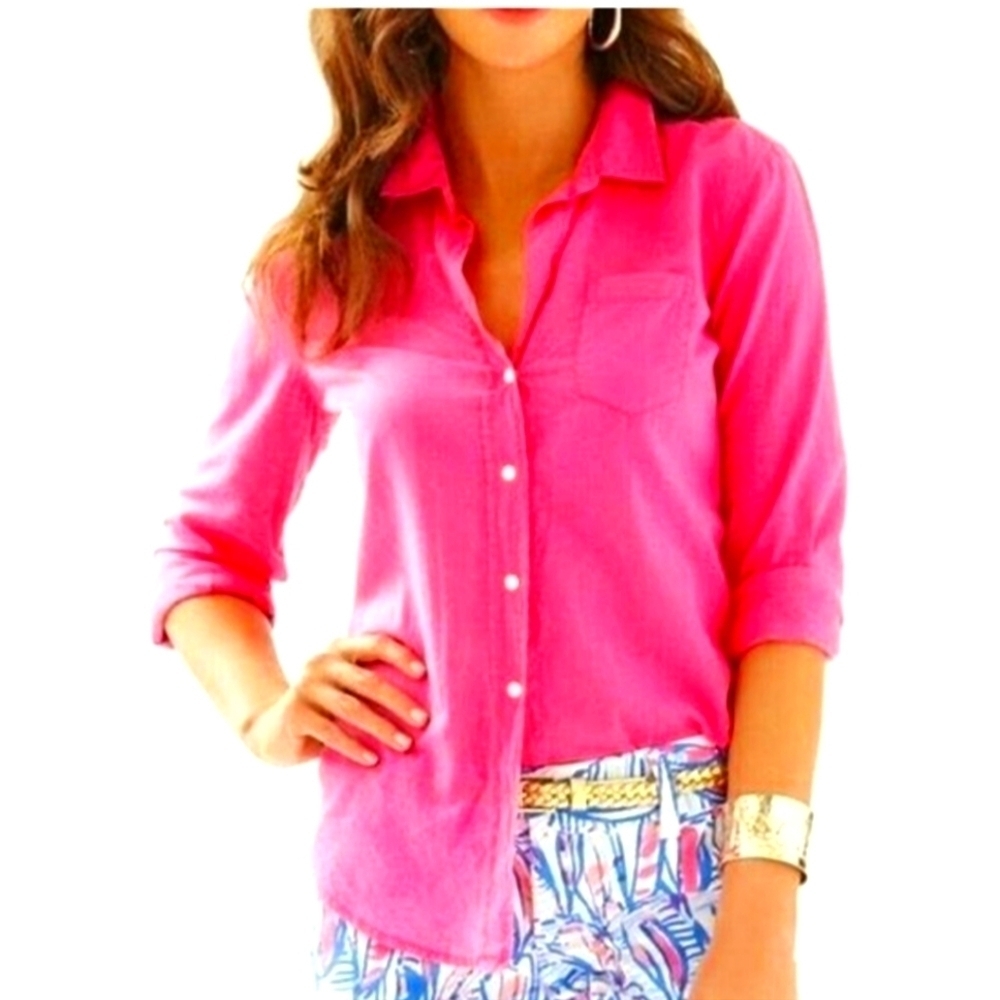 Lilly Pulitzer Anna Maria Button Down Long Sleeve Cotton Top Pink Size 0